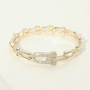 14K Gold Plated CZ Pave Industrial Link Hinged Bangle Bracelet